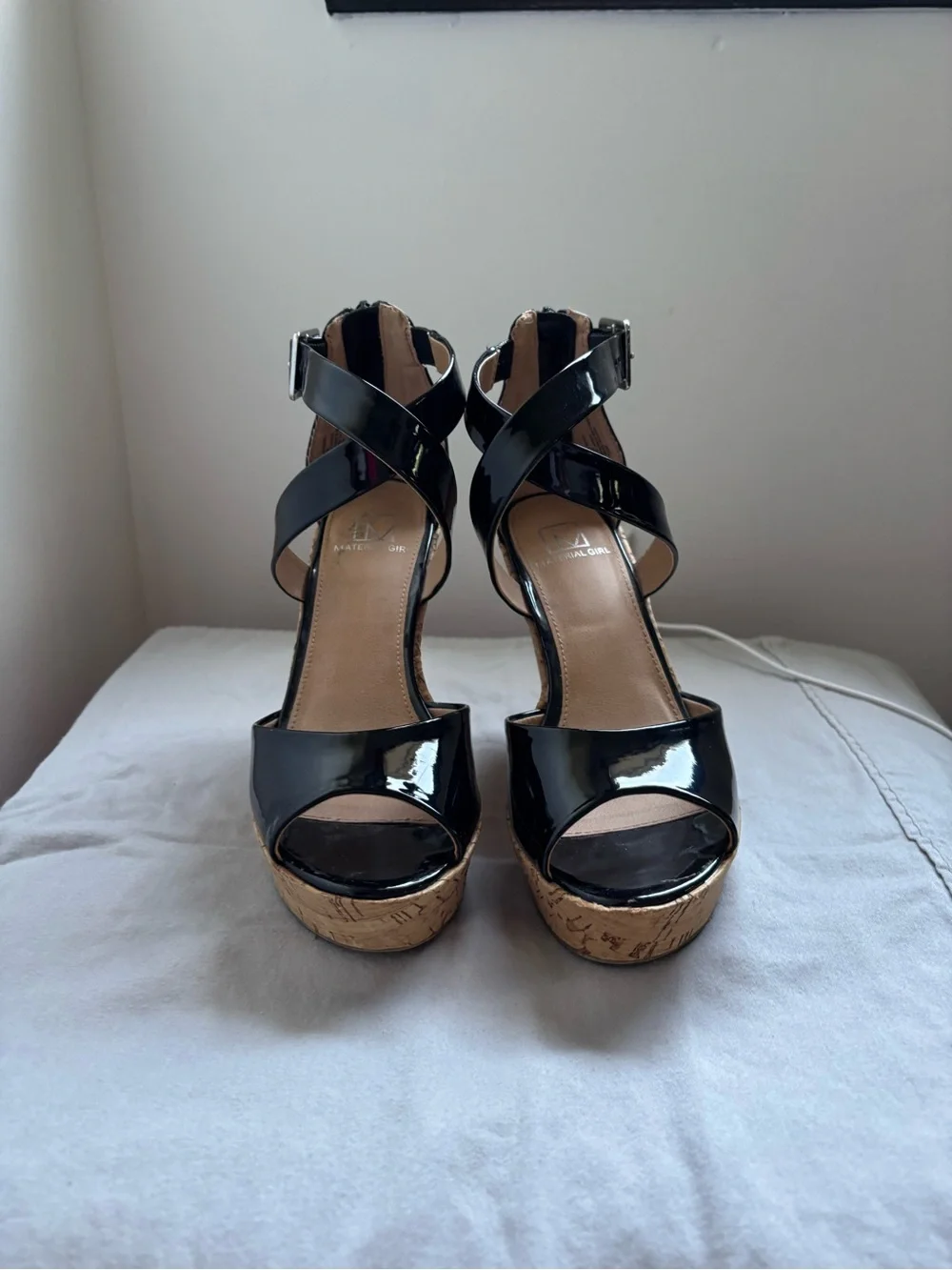 Material Girl Black Patent Cork Platform Wedge Sandals